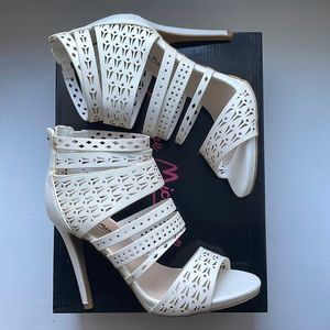 Anne Michelle white leather strappy 4 1/2 inch heel.